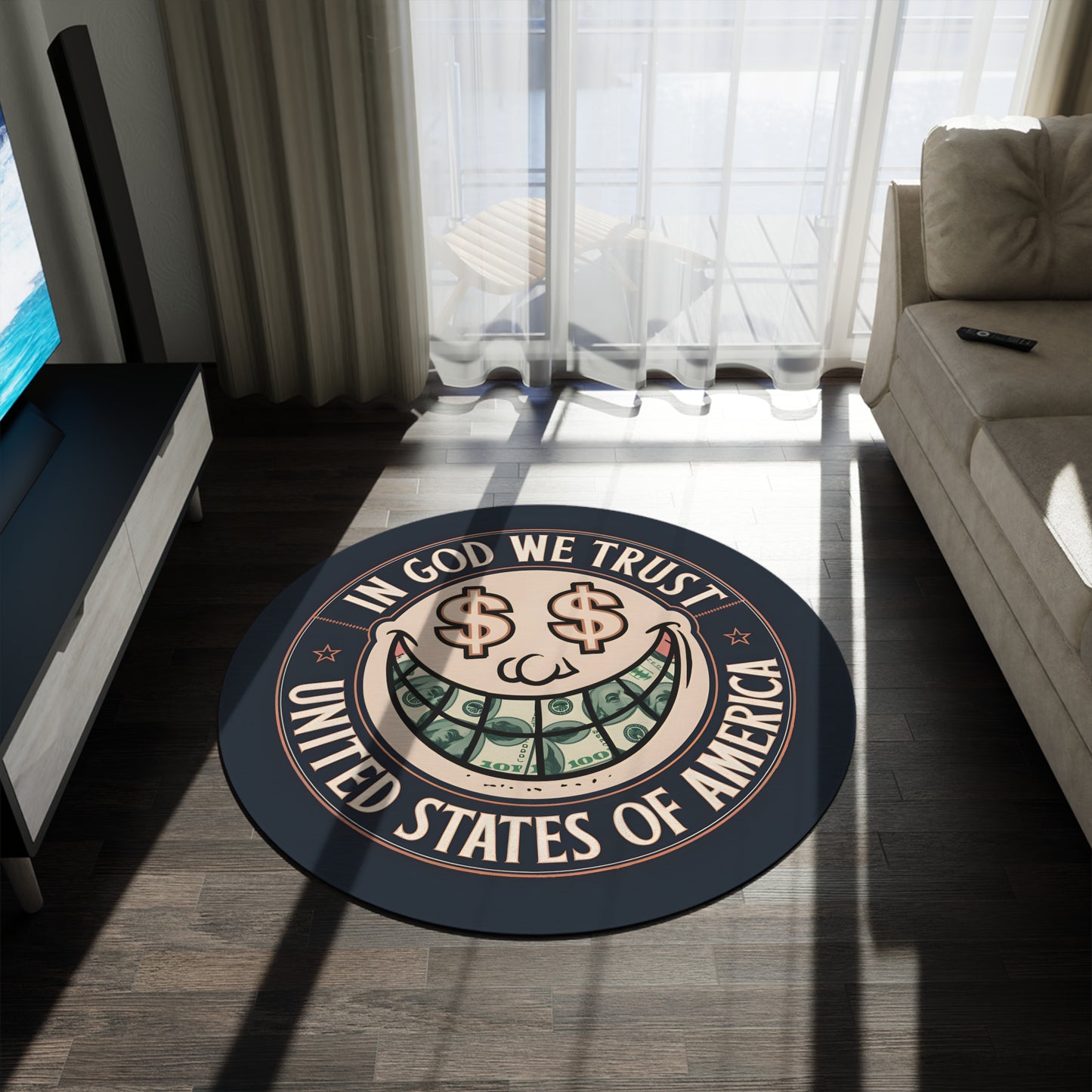 In God We Trust Smiling Dollar Face Round Rug – Premium Statement Piece