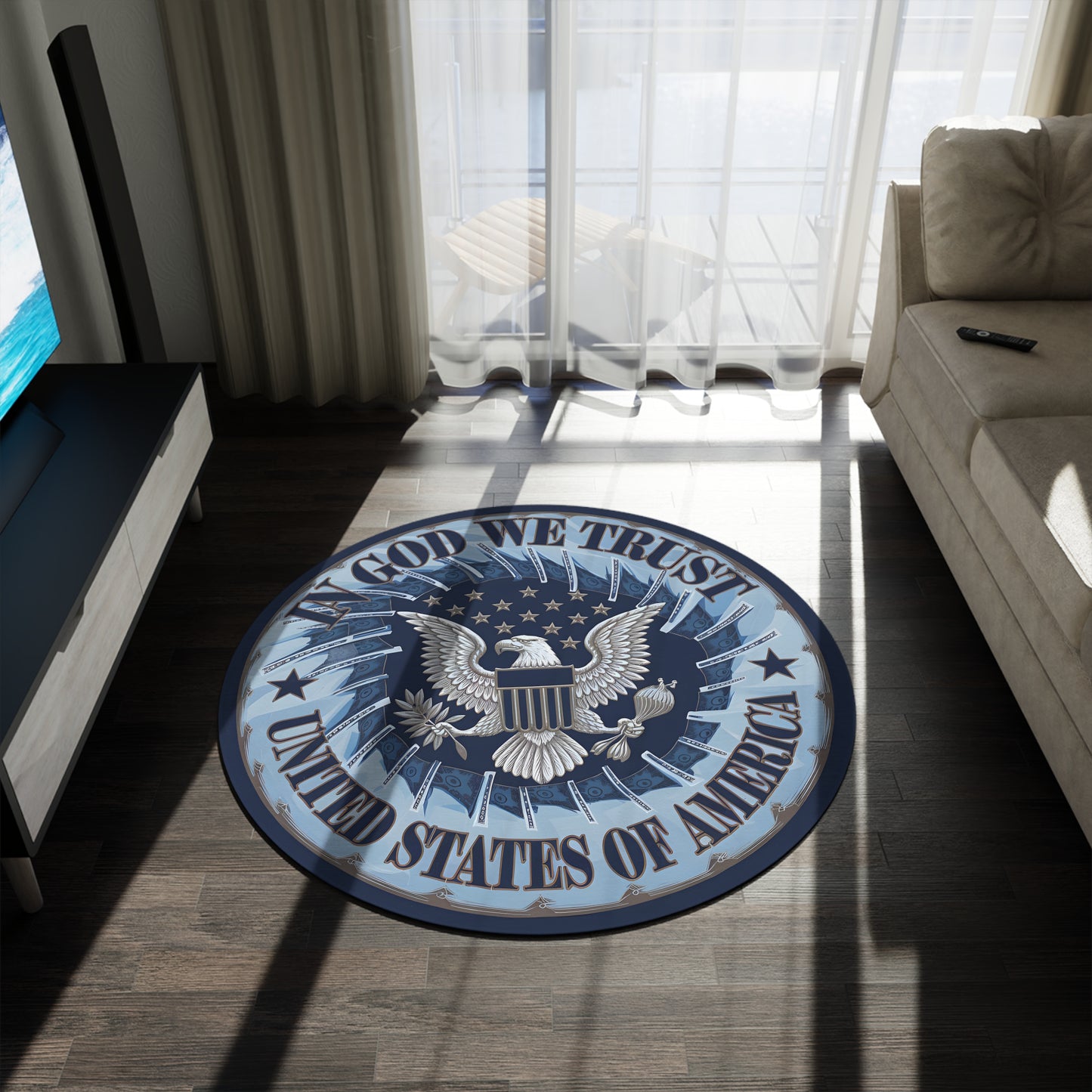 In God We Trust" Blue Eagle Rug – Rise Above with Style | GTA-Inspired Prestige