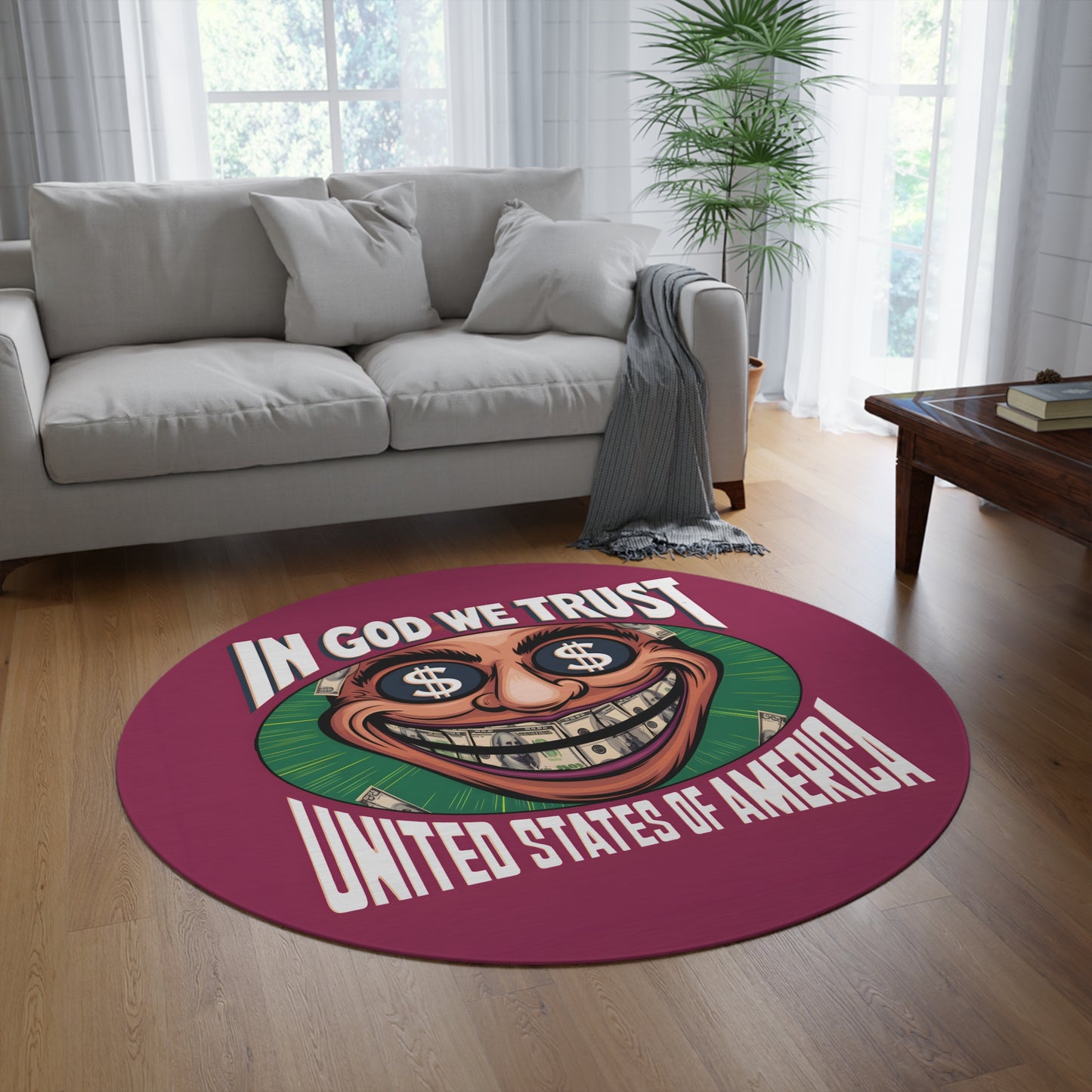 Round Rug - Pink Magenta In God We Trust | Statement Piece