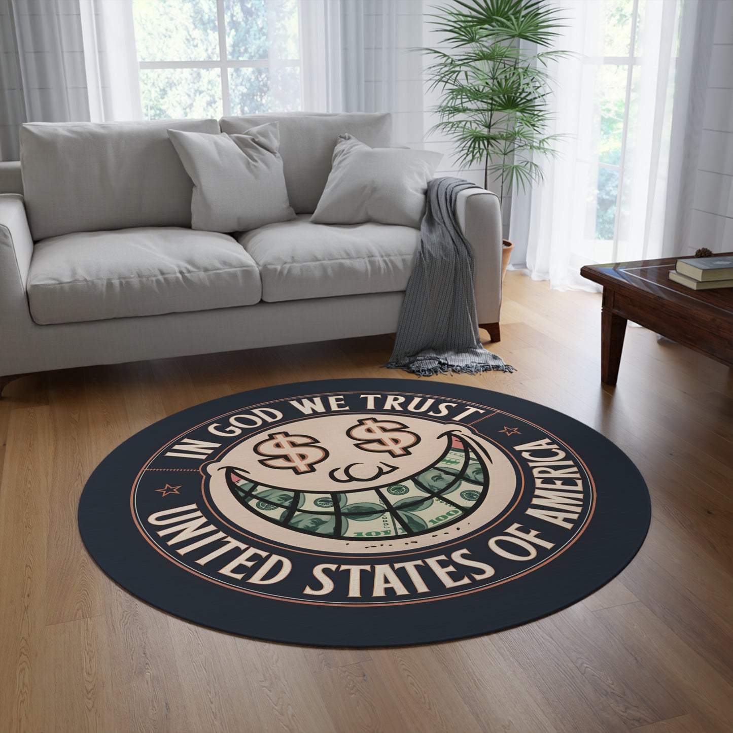 In God We Trust Smiling Dollar Face Round Rug – Premium Statement Piece