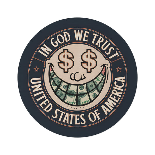 In God We Trust Smiling Dollar Face Round Rug – Premium Statement Piece