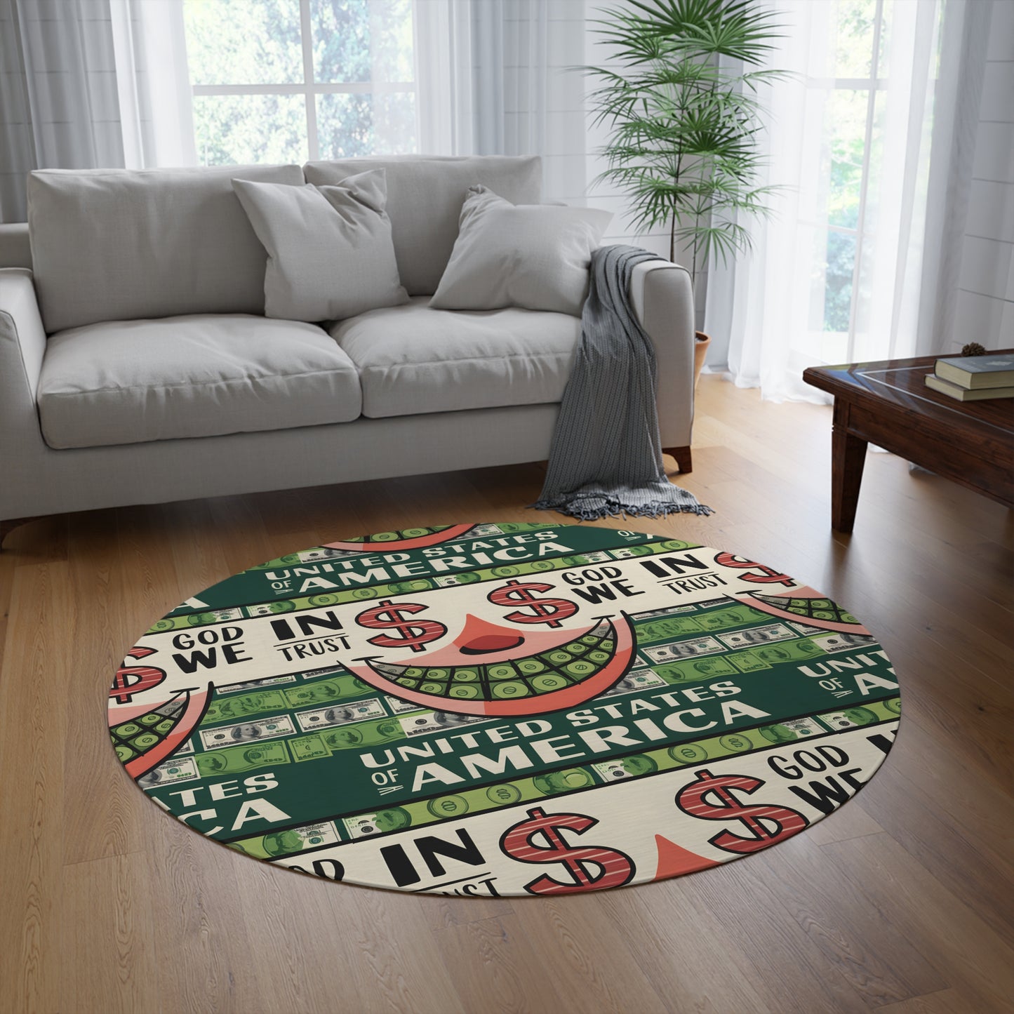 In God We Trust Dollar Smile Round Rug – Luxury Statement Piece